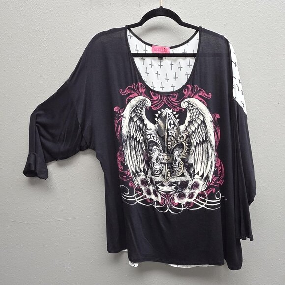 Sugar High Shirt Womens 3X Black Dolman Winged Fleur-de-Lis Cross Back Made USA - Picture 1 of 10